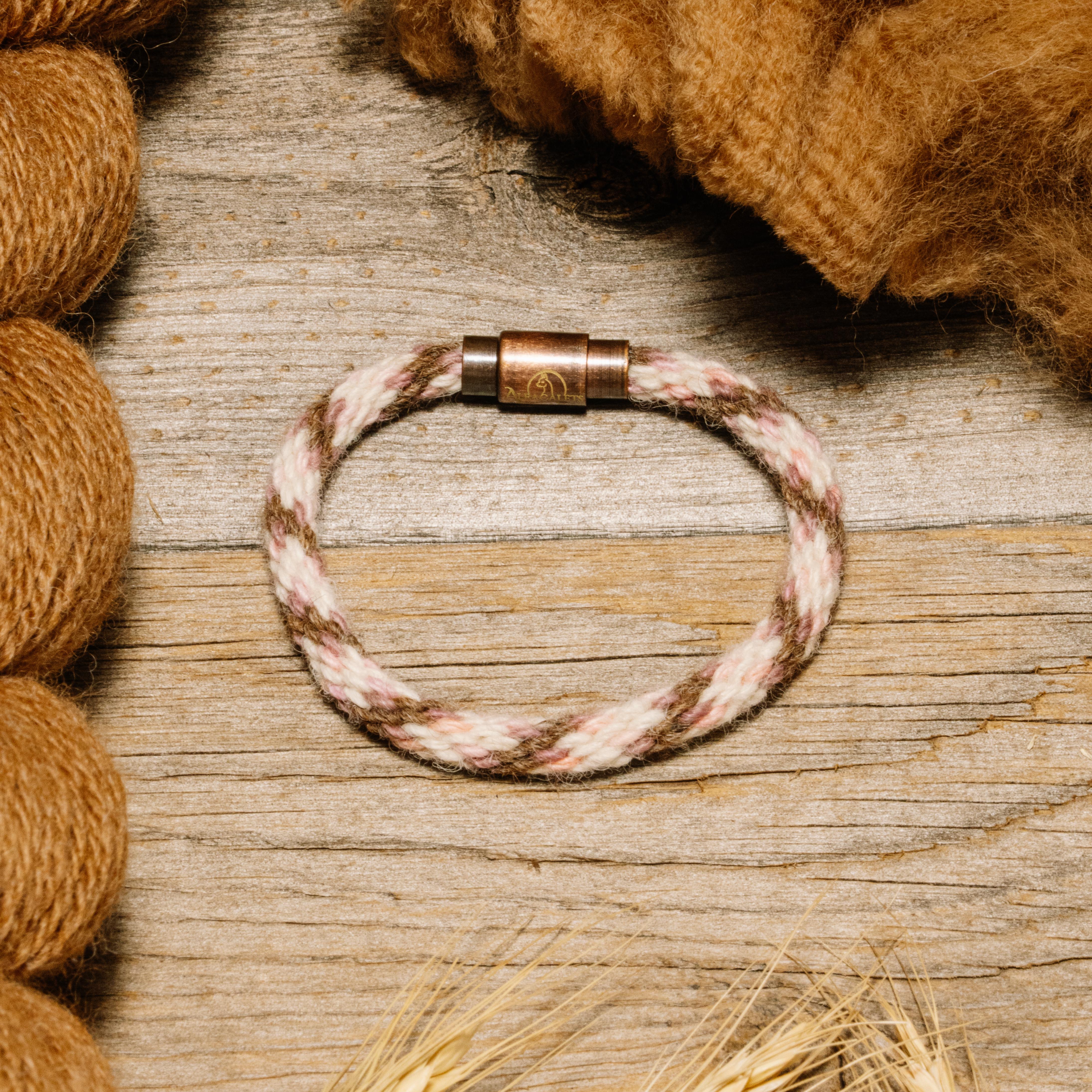 Bronze Blush Alpaca Bracelet featuring soft rose and cream tones with a bronze clasp, made in America.