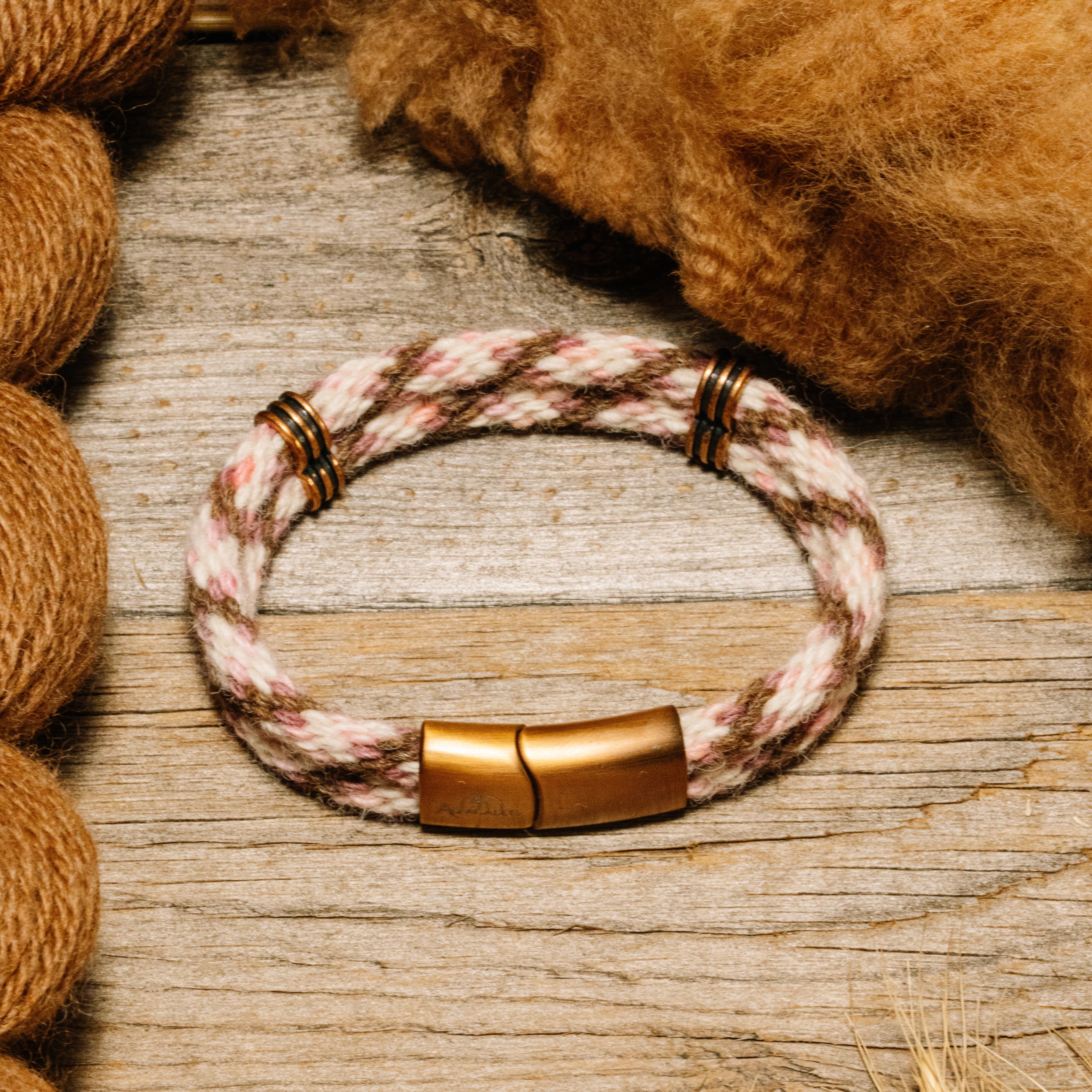 Bronze Blush alpaca bracelet featuring soft rose and cream tones with a brass clasp, Made in America jewelry.